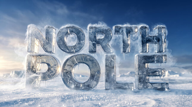 North Pole ice text on a snowy landscape background with a cold ambiance