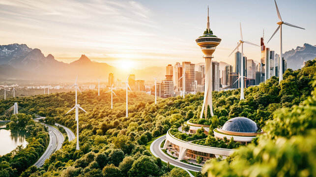 Futuristic Sustainable Smart City with Wind Turbines and Solar Energy