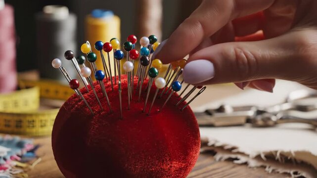 Close-up of a red velvet pincushion with colorful pins on a wooden table. Woman's hand picking a needle for sewing. Tailor workshop background with thread and scissors