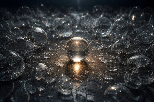 Single Intact Glass Sphere Among Shattered Glass Spheres, Resilience and Strength Concept