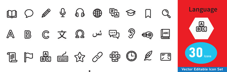 A collection of various black line art icons and symbols arranged in a grid on a white background,Set 30 logo language © Mohsin