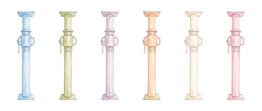 Adjustable steel jack props watercolor construction scaffolding support column set isolated on white background, pastel building hardware tools for architectural design and engineering concept.