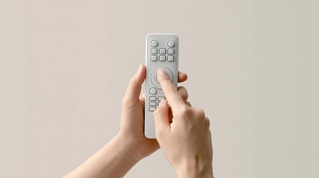 Closeup of hands holding and pressing buttons on a modern remote control against a neutral background representing home electronics and everyday technology