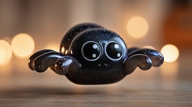 Cute black jumping spider squishy toy with glossy finish and kawaii face creating a playful Halloween decoration on a warm bokeh background