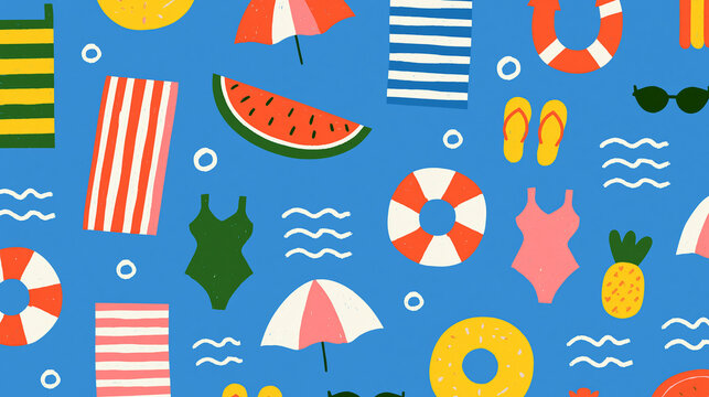 Colorful summer-themed patterns featuring swimsuits, beach items, and fruits.