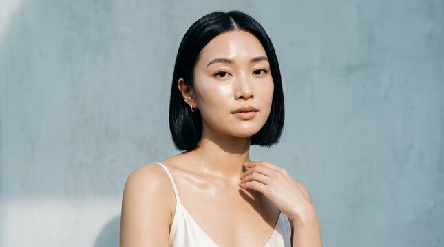 A serene portrait of a young Asian woman with short black hair and glowing skin, wearing a white camisole against a minimalist blue-grey wall.