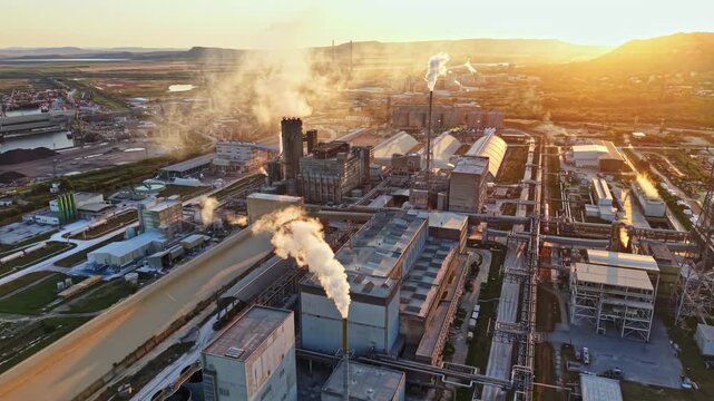 Factories and plants are visible in a large industrial area. Smoke rises from chimneys as the sun sets in the background. The scene shows machinery and active operations.