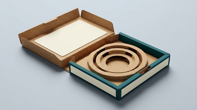 Open cardboard box with circular cutouts and card insert on grey