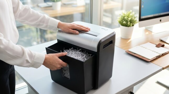 Close up of a woman's hands operating a document shredder in a professional workspace.