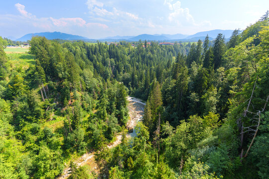 Ammer river valley with dense green forests in Rottenbuch, Germany