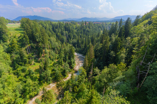 Scenic aerial view of Ammer Gorge near Rottenbuch, Bavaria, Germany