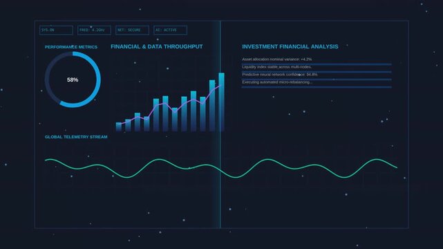 Digital data graphs with circular indicators in dark blue futuristic interface on black background