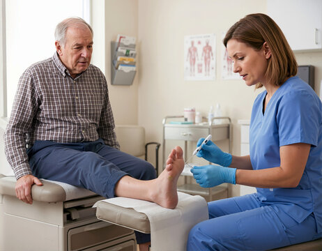 Podiatrist examining diabetic neuropathy in elderly patient foot. Medical professional checking peripheral nerve damage in clinic