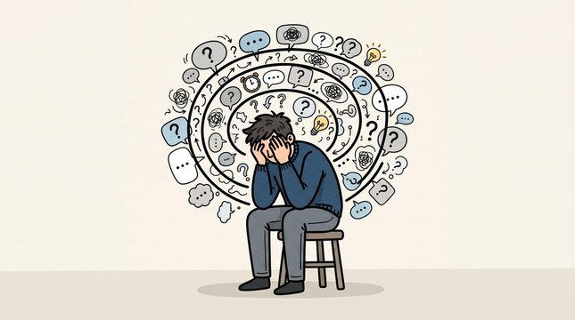 Doodle illustration of overthinking mind with spiral of racing thoughts