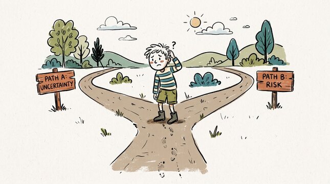 Doodle illustration of hesitant figure standing at a crossroads of self doubt