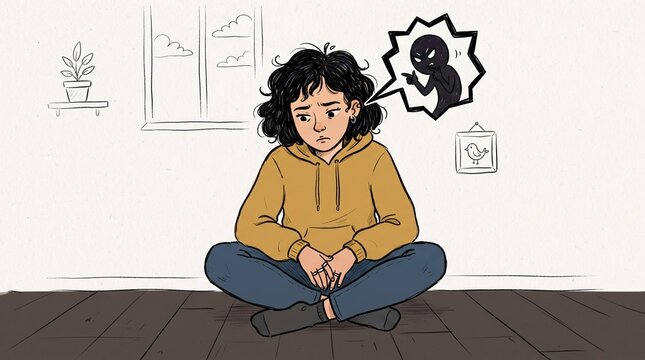 Doodle illustration of figure with harsh inner critic voice above head