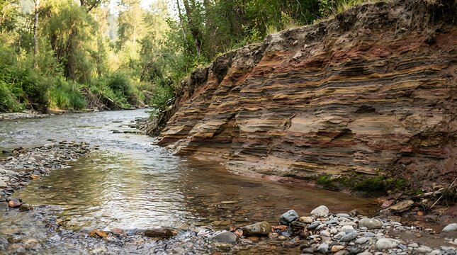 A natural cliff face reveals stratified rock layers beside a clear river flowing through a lush, sun-dappled forest, showcasing the raw beauty of the natural world.