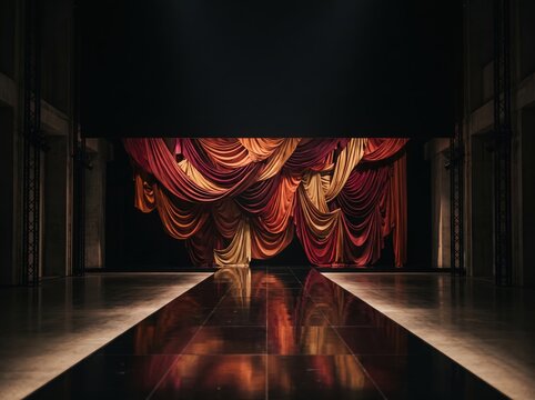 Dramatic draped fabric sculpture on a reflective runway for fashion show background and stage design
