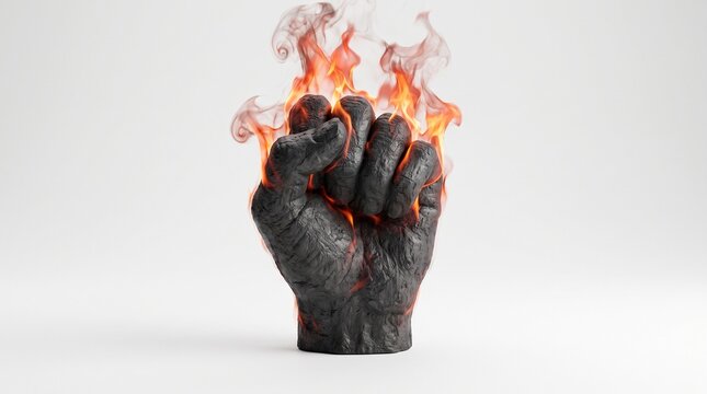 A powerful, dark, clenched fist with vibrant orange flames rising from its top, set against a clean white background, symbolizing strength and determination.