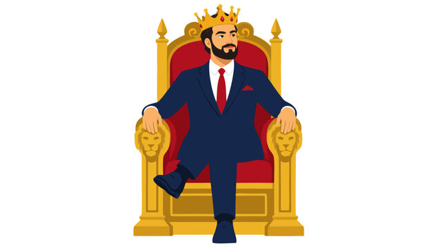 Confident successful businessman king sitting on golden lion throne wearing crown and navy suit bold flat colors clean white background vector illustration