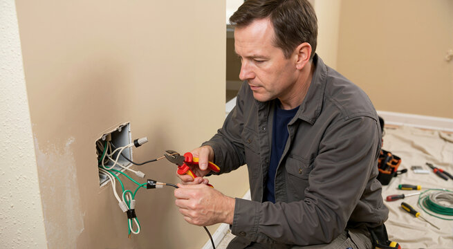Male electrician cutting wires for wall switch. Professional handyman repairing electrical wiring during home renovation