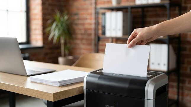 Close up of a woman's hand feeding white paper into a paper shredder machine on an office desk.