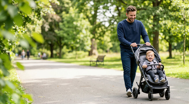 Smiling father pushing his baby in a stroller through a sunny green park. Happy dad walking with infant outdoors on a summer day