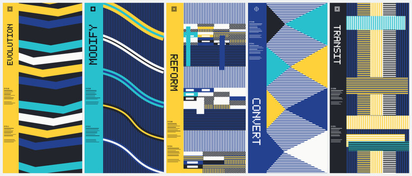 Abstract geometric banner set with evolution and reform typography, modern vertical poster collection with blue and yellow graphic patterns, corporate vector layouts
