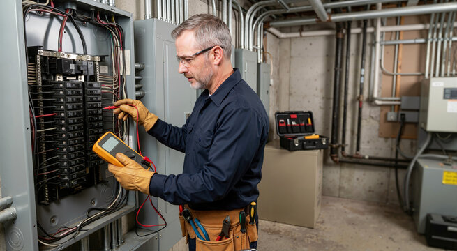 Electrician testing circuit breaker panel with multimeter. Professional technician inspecting electrical system in basement