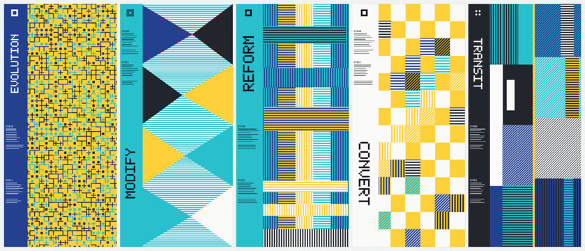 Modern geometric book cover templates, abstract minimalist poster set with blue and yellow shapes, professional corporate brochure layout collection