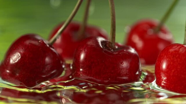 Super Slow Motion Shot of Fresh Cherries Falling into Water and Making Splash at 1000fps.
