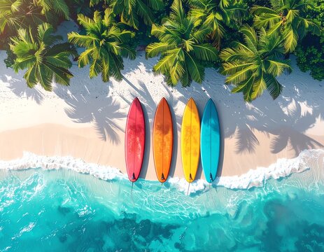 Vibrant Surfboards on a Tropical Beach Beside Turquoise Ocean Waves