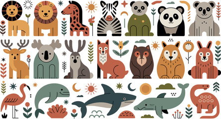 Fototapeta premium Cute Animal Vector Collection Featuring Safari Wildlife Marine Creatures and Nordic Forest Animals for Kids Nursery Graphic Design