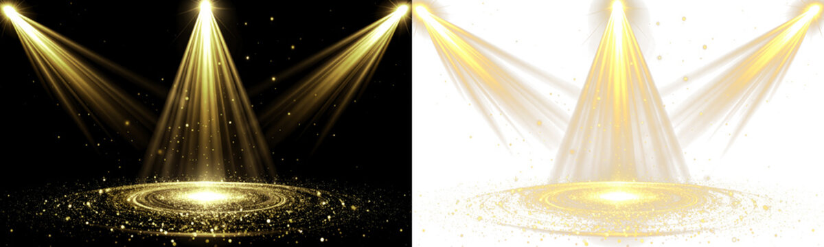 Bright golden stage light effect with glittering beams and shiny spotlight circle on transparent background PNG for photo editing and design overlays.