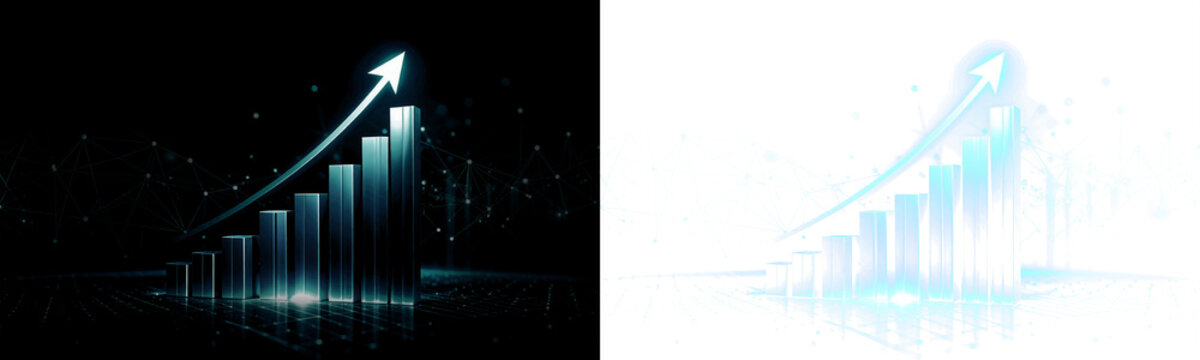 Futuristic glowing blue financial bar chart with rising arrow symbol for business success growth presentations on transparent PNG background.