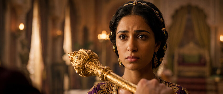 Queen Esther approaching the king with a golden scepter. Biblical woman showing bravery and courage to save her people. Ancient palace scene representing faith and divine intervention.