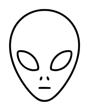 Minimalist hand-traced vector illustration of a classic extraterrestrial alien head icon featuring large almond-shaped eyes, small nostril dots, and a thin mouth line on a white background