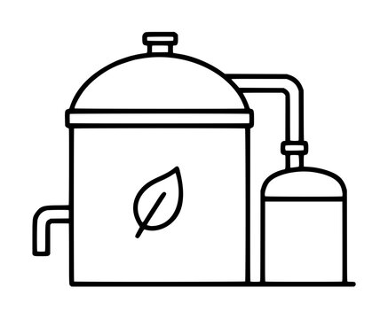Anaerobic digester vector icon illustration, hand-drawn biogas fermenter with leaf motif, gas tank, and pipeline, monochrome outline design for sustainable energy and waste management concepts