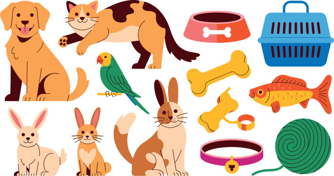 Cute Pet Animal Icon Set with Flat Vector Illustrations of Dogs, Cats, Birds, Rabbits, Fish, and Pet Care Accessories for Veterinary Graphic Design