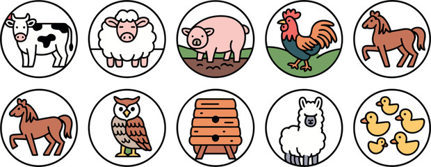Naklejka premium Domestic Farm Animal Line Icon Collection Featuring Cute Cow Sheep Pig Rooster Horse Owl Beehive Alpaca and Duckling Designs