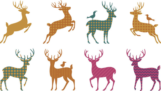 Deer and Reindeer Silhouette Vector Set with Plaid and Gingham Patterns for Christmas Holiday Graphic Designs