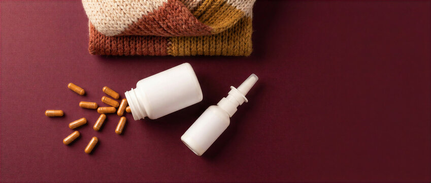 Capsules and nasal spray with knitted scarf on burgundy background. Seasonal cold and flu medicine concept