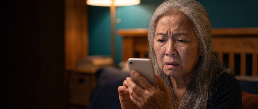 Worried senior Asian woman using smartphone in bed at night. Screen time, anxiety and insomnia concept