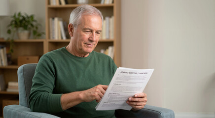 Fototapeta premium Senior man reviewing an advance directive and living will document. End of life medical decision making and legal planning. Palliative care and patient autonomy concept