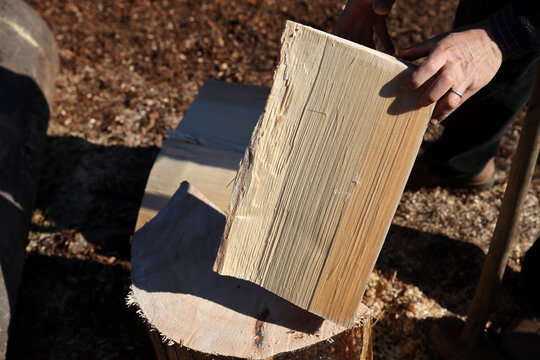 Craftsman holding a freshly split spruce billet for traditional tavaillons production in the Haut-Jura, France