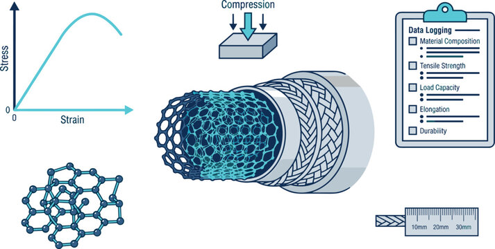 Material Science Carbon Nanotube Mechanical Testing Vector Diagram with Stress Strain Graph Compression Analysis Molecular Structure and Data Logging Checklist Clipboard