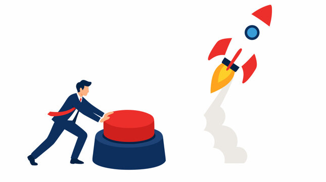 Confident businessman in suit pushing a giant red launch button while a white and red rocket blasts upward, symbolizing startup growth, new venture launch, and business success on white background