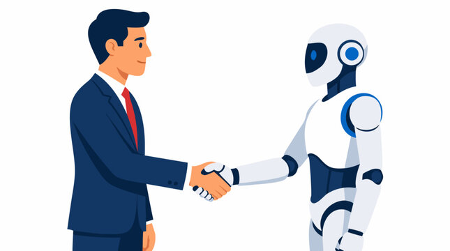 Businessman in navy suit shaking hands with white humanoid robot, symbolizing AI workplace collaboration, human-machine partnership, futuristic automation, and digital technology cooperation in
