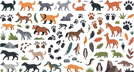 Obraz premium Wild Animals and Animal Tracks Vector Collection with Wolves Foxes Horses and Paw Prints for Outdoor Nature Educational Designs