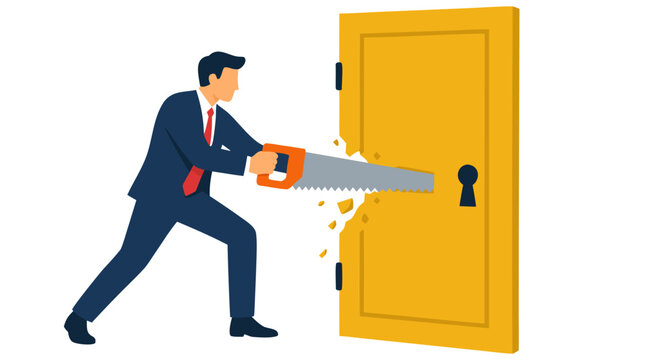 Businessman in suit using handsaw to cut through locked yellow door with keyhole, symbolizing problem solving, opportunity, breakthrough and unlocking success
